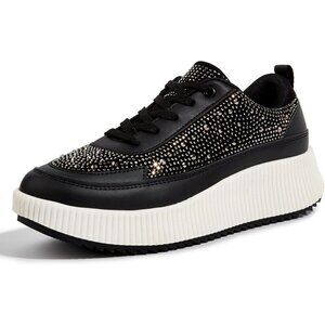 Women's Black Platform Rhinestone Fashion Casual Sparkly Retro Sneakers